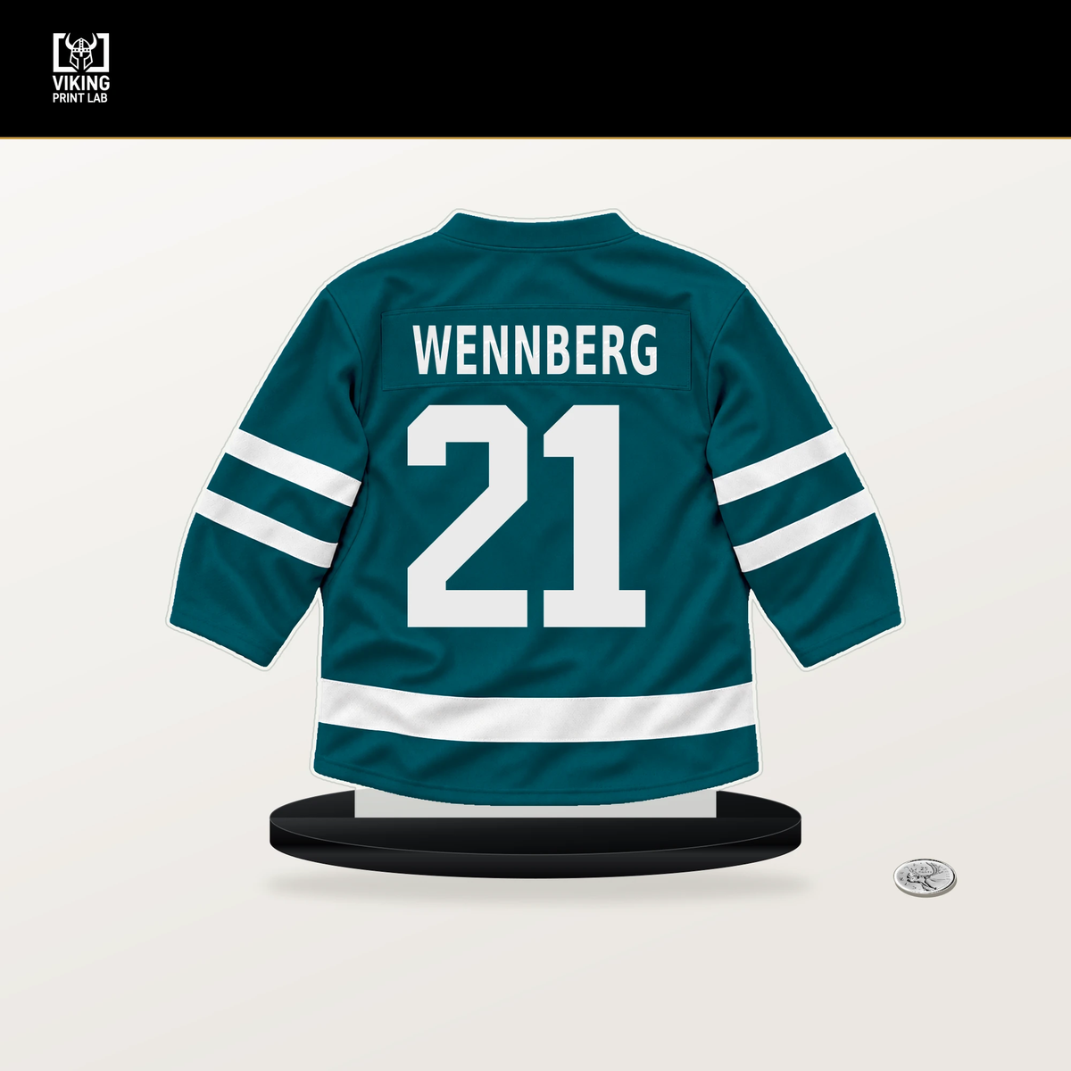 Alexander Wennberg number 21 San Jose Sharks jersey stand with included black base.