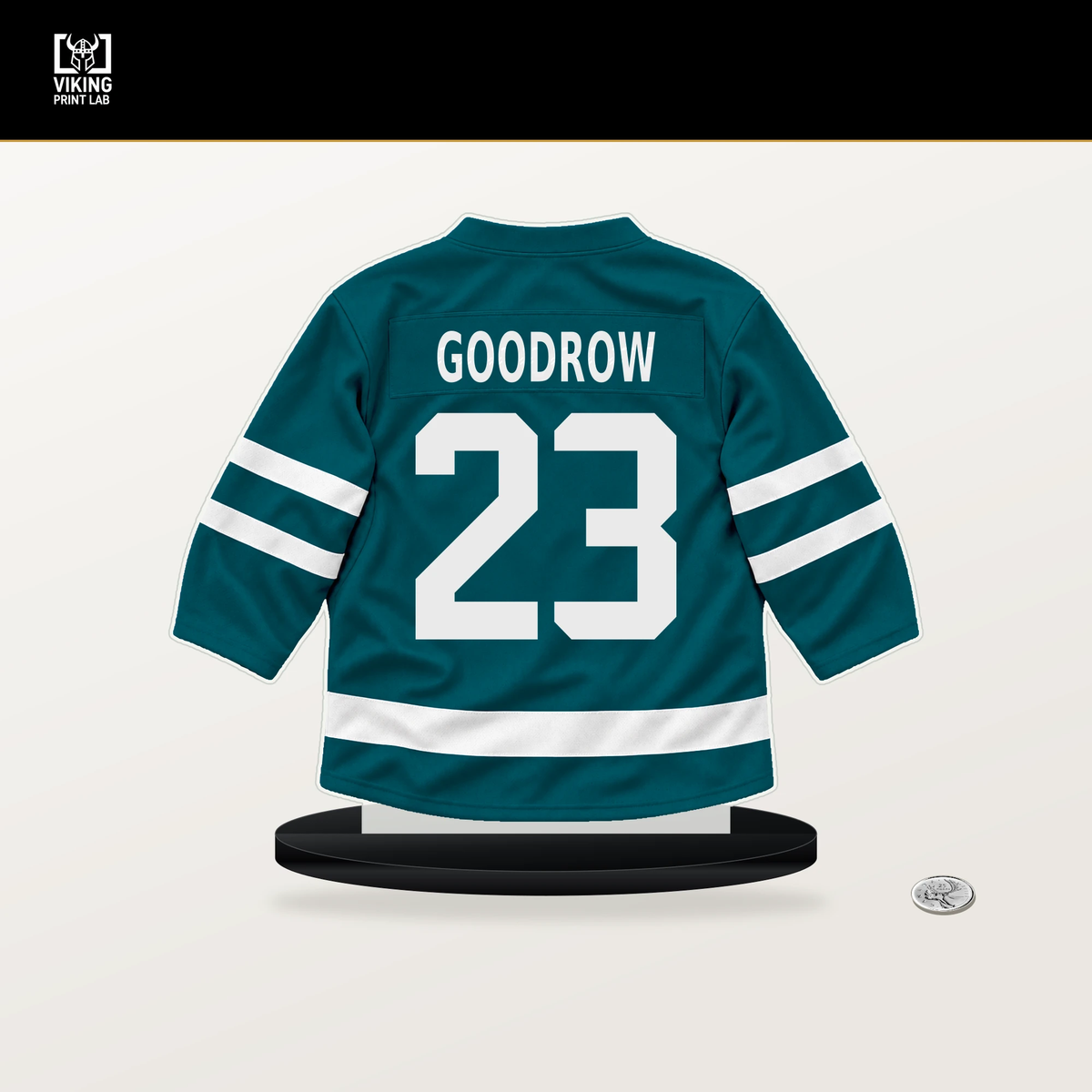 Barclay Goodrow number 23 San Jose Sharks jersey stand with included black base.