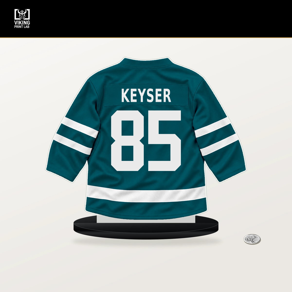 Kyle Keyser number 85 San Jose Sharks jersey stand with included black base.