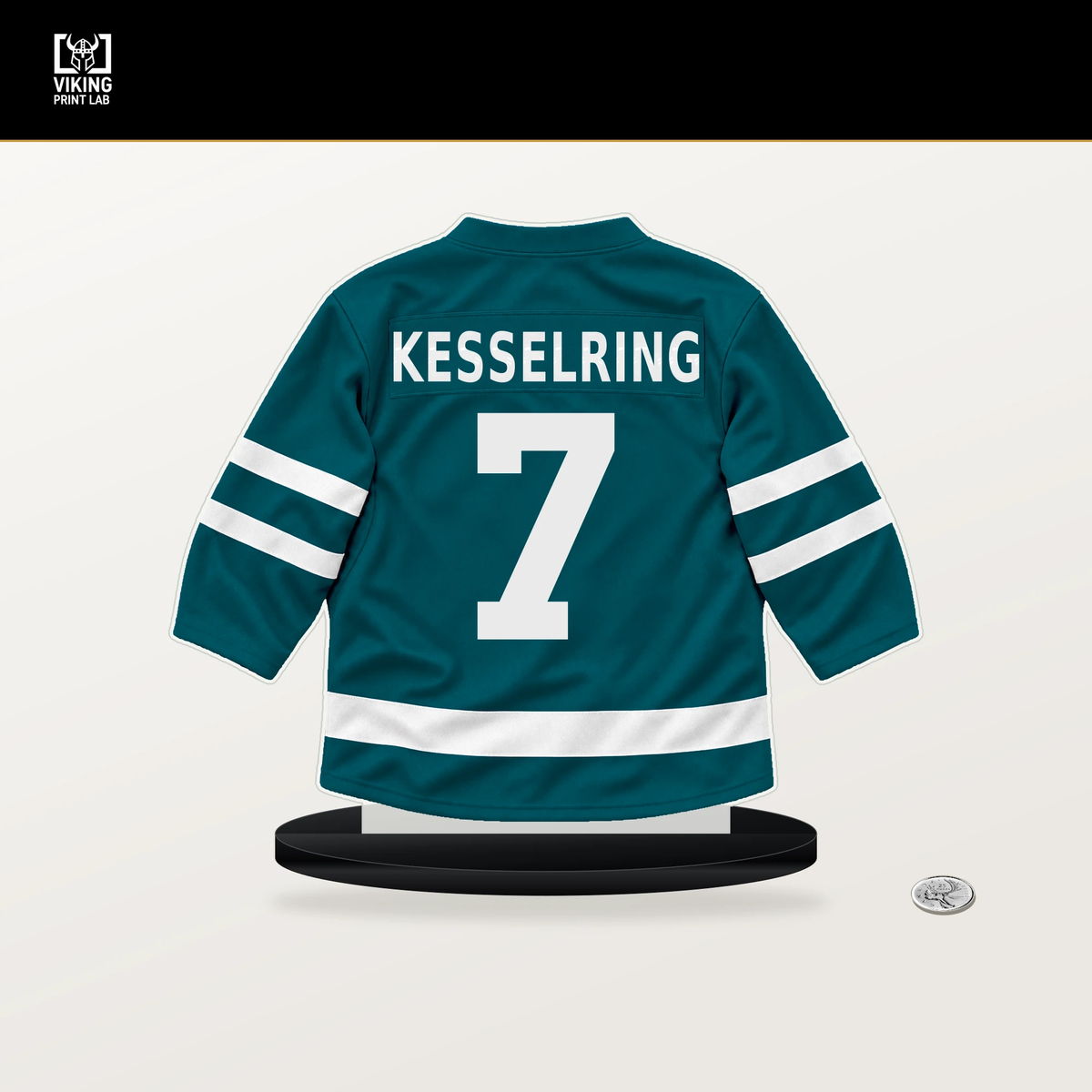 Michael Kesselring number 7 San Jose Sharks jersey stand with included black base.