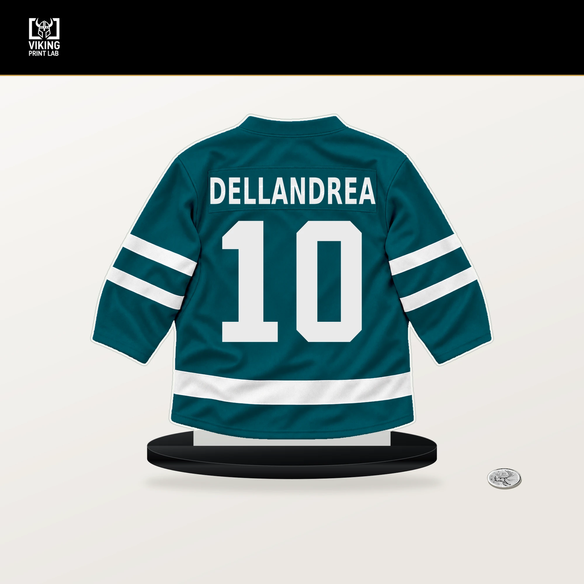 Ty Dellandrea number 10 San Jose Sharks jersey stand with included black base.
