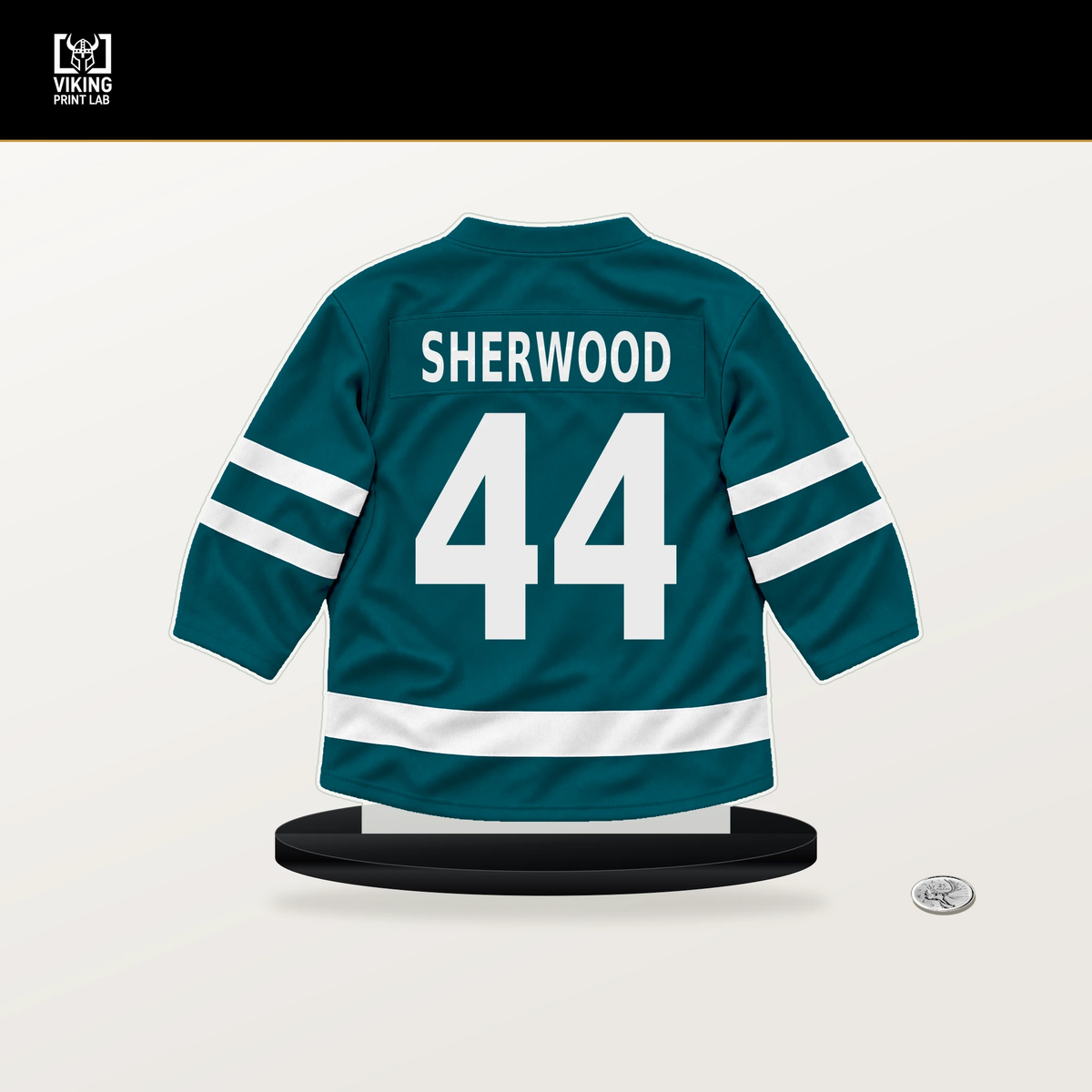 Kiefer Sherwood number 44 San Jose Sharks jersey stand with included black base.