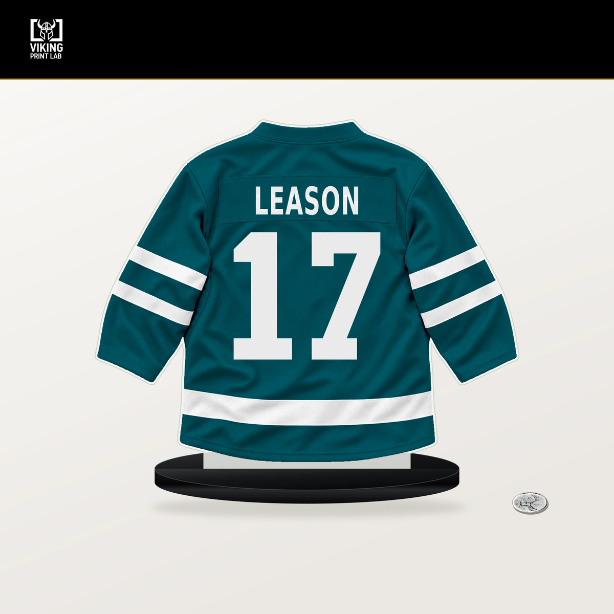 Brett Leason number 17 San Jose Sharks jersey stand with included black base.