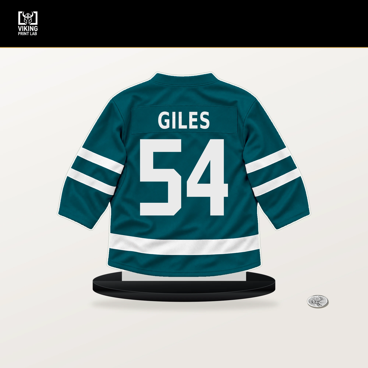 Patrick Giles number 54 San Jose Sharks jersey stand with included black base.