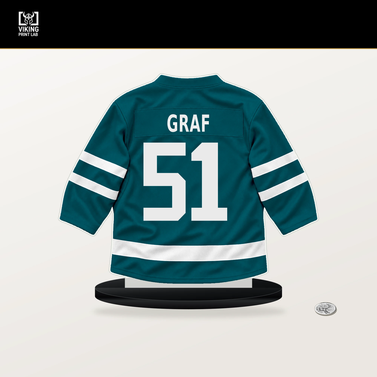 Collin Graf number 51 San Jose Sharks jersey stand with included black base.