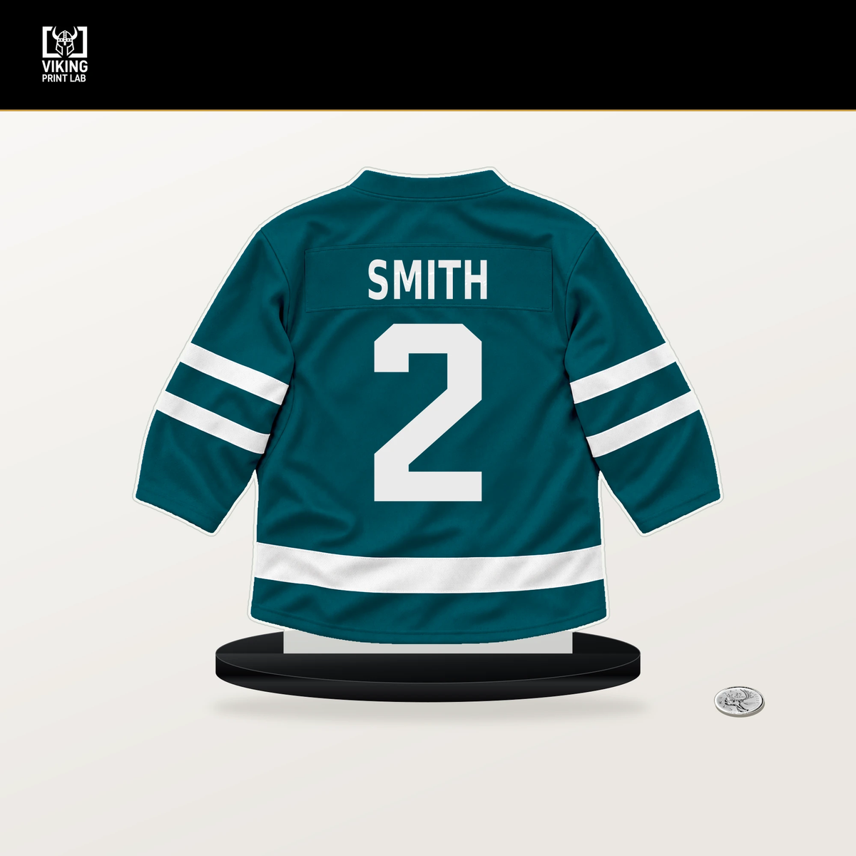 Will Smith number 2 San Jose Sharks jersey stand with included black base.