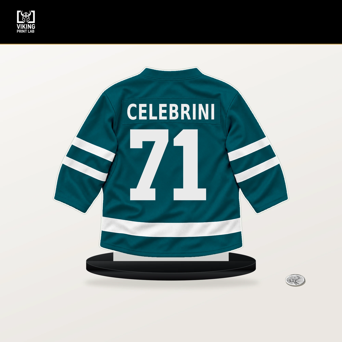 Macklin Celebrini number 71 San Jose Sharks jersey stand with included black base.