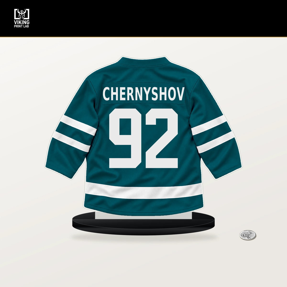 Igor Chernyshov number 92 San Jose Sharks jersey stand with included black base.
