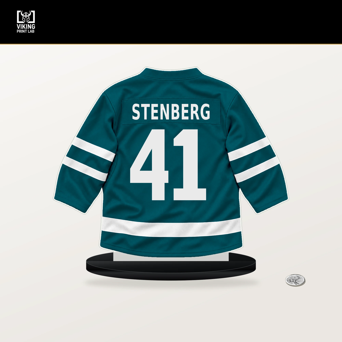 Ivar Stenberg number 41 San Jose Sharks jersey stand with included black base.