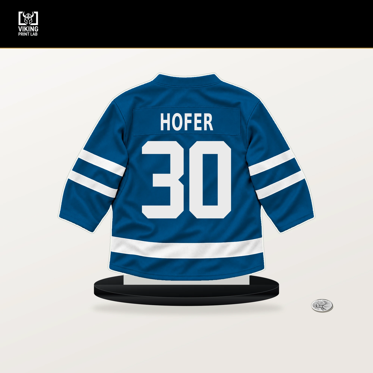 Joel Hofer number 30 St. Louis Blues jersey stand with included black base.