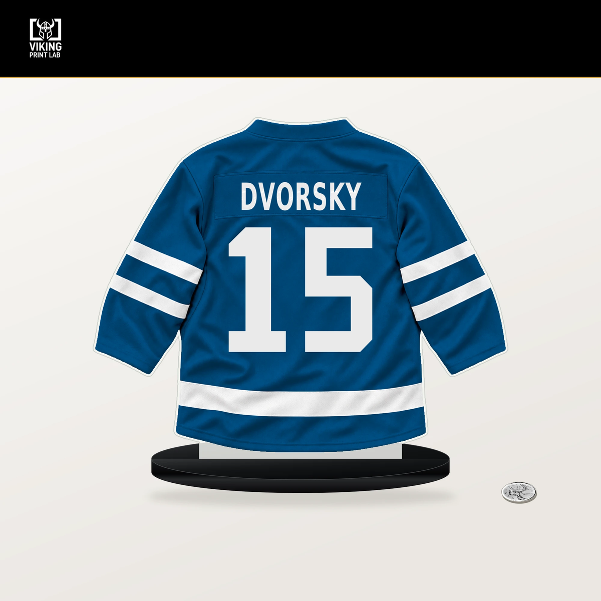 Dalibor Dvorsky number 15 St. Louis Blues jersey stand with included black base.