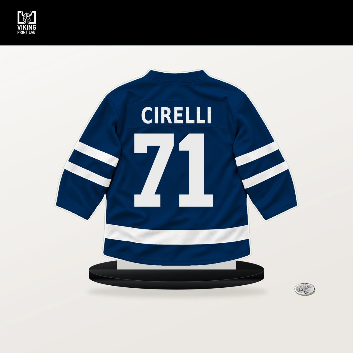 Anthony Cirelli number 71 Tampa Bay Lightning jersey stand with included black base.