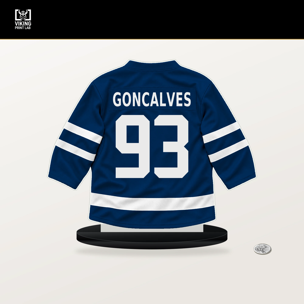 Gage Goncalves number 93 Tampa Bay Lightning jersey stand with included black base.