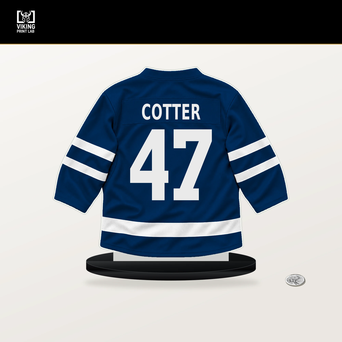 Paul Cotter number 47 Vancouver Canucks jersey stand with included black base.