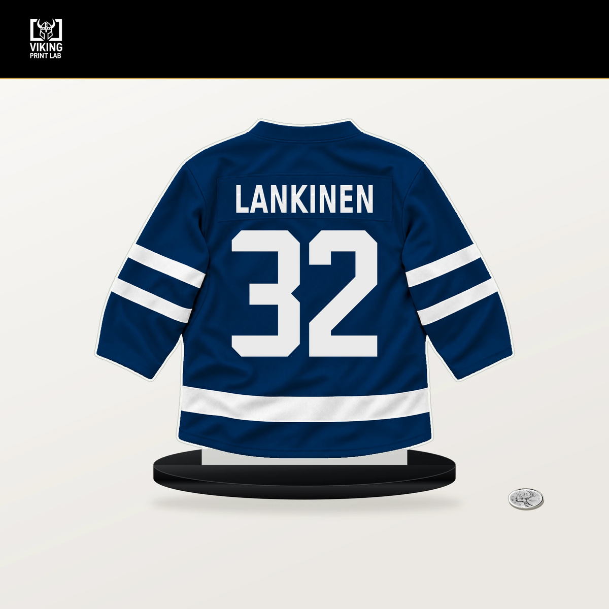 Kevin Lankinen number 32 Vancouver Canucks jersey stand with included black base.