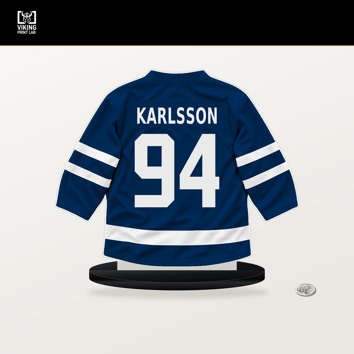 Linus Karlsson number 94 Vancouver Canucks jersey stand with included black base.