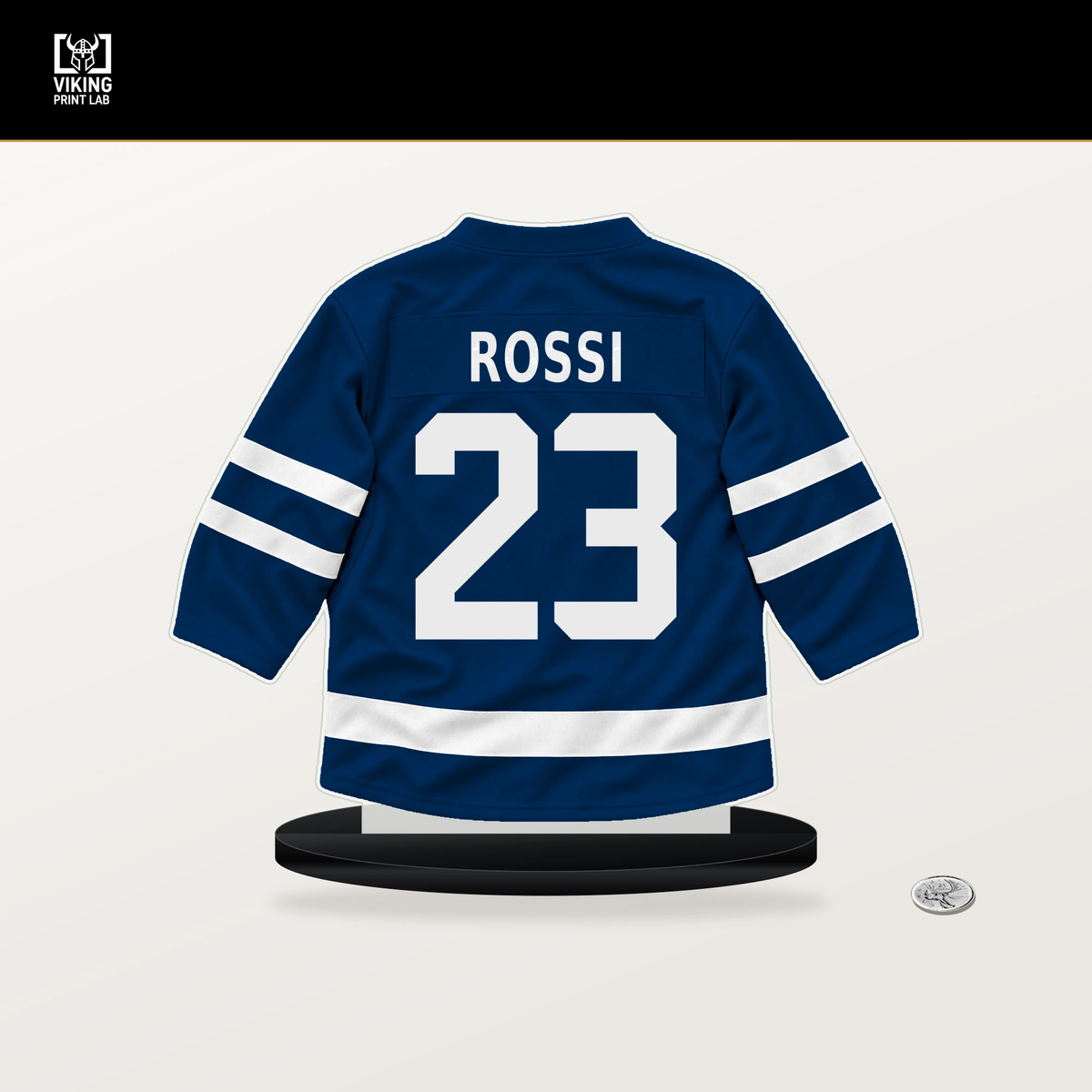 Marco Rossi number 23 Vancouver Canucks jersey stand with included black base.