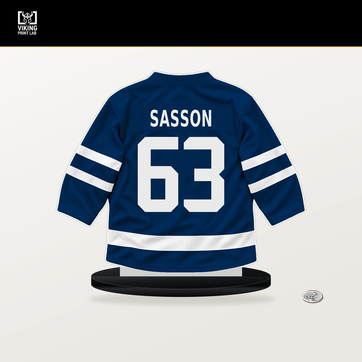 Max Sasson number 63 Vancouver Canucks jersey stand with included black base.
