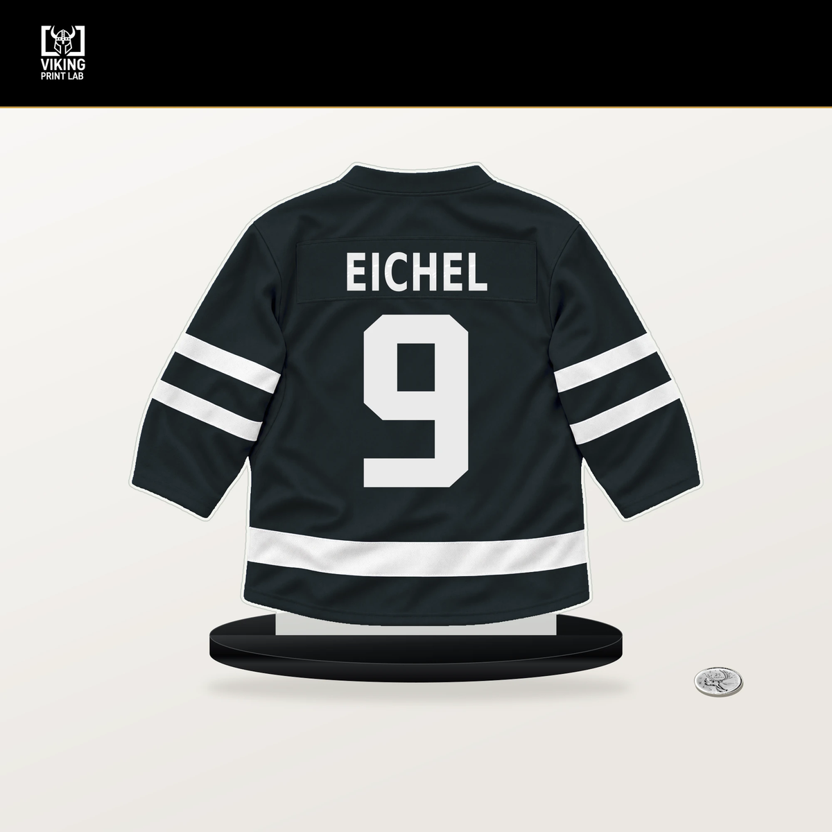 Jack Eichel number 9 Vegas Golden Knights jersey stand with included black base.