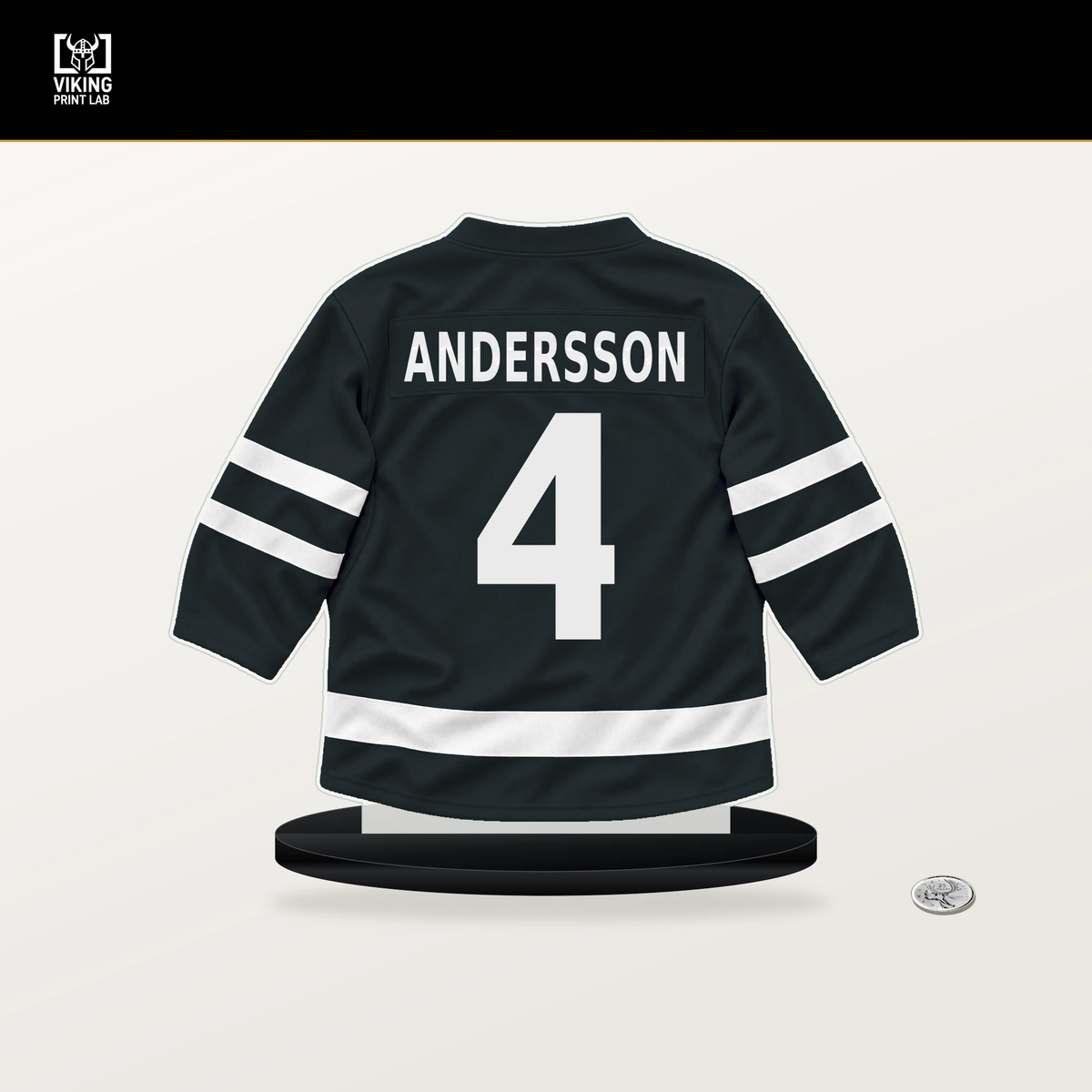 Rasmus Andersson number 4 Vegas Golden Knights jersey stand with included black base.