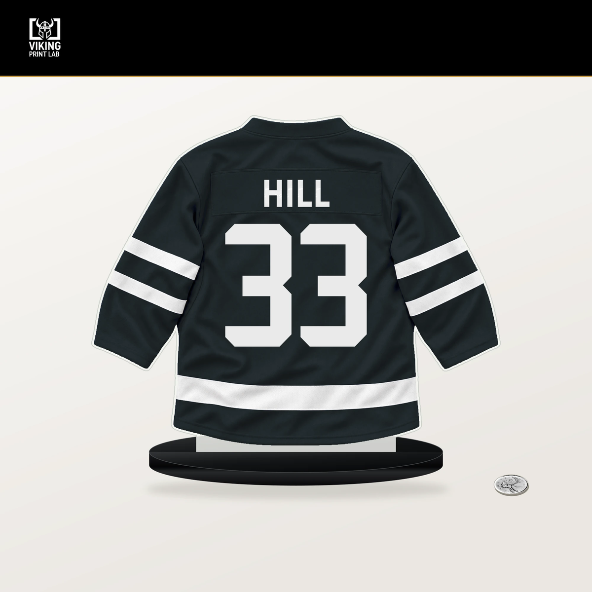 Adin Hill number 33 Vegas Golden Knights jersey stand with included black base.