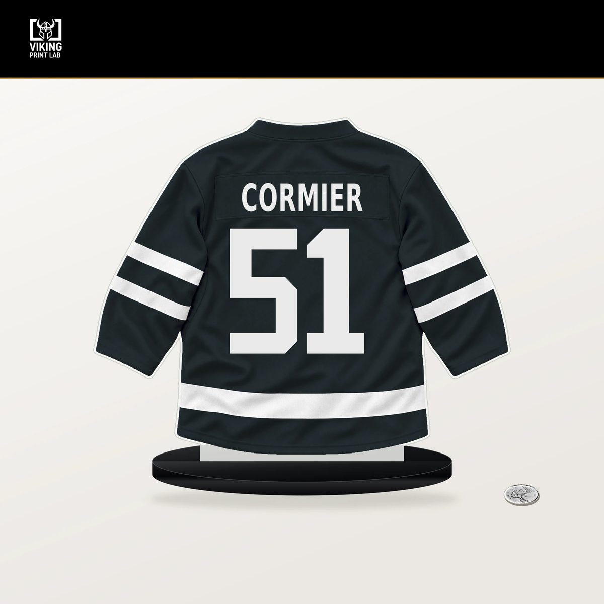 Lukas Cormier number 51 Vegas Golden Knights jersey stand with included black base.