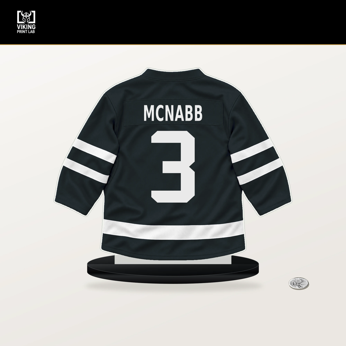 Brayden McNabb number 3 Vegas Golden Knights jersey stand with included black base.
