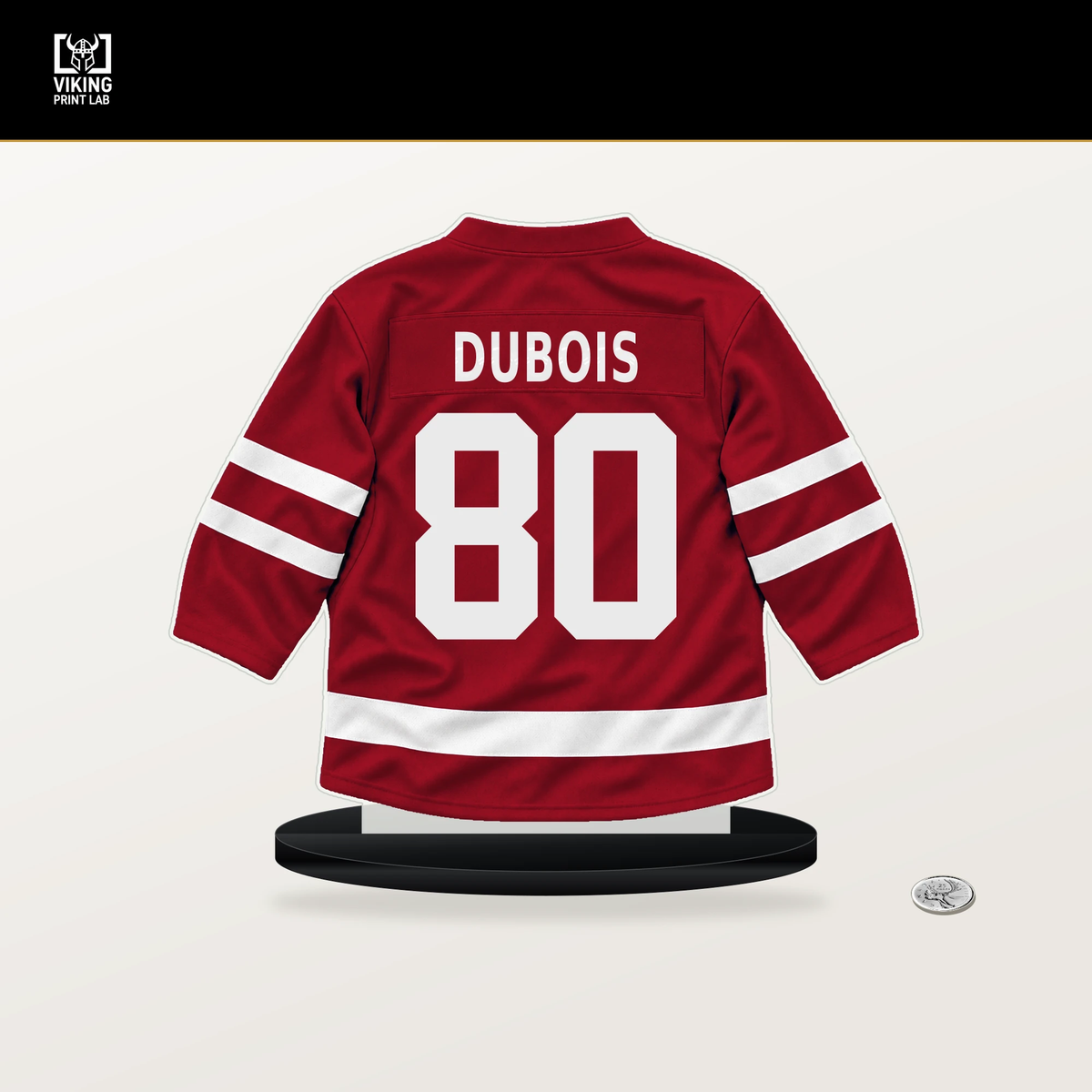 Pierre-Luc Dubois number 80 Washington Capitals jersey stand with included black base.