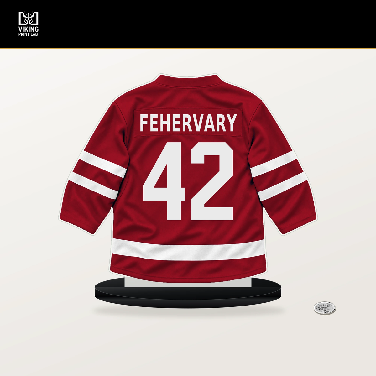 Martin Fehervary number 42 Washington Capitals jersey stand with included black base.