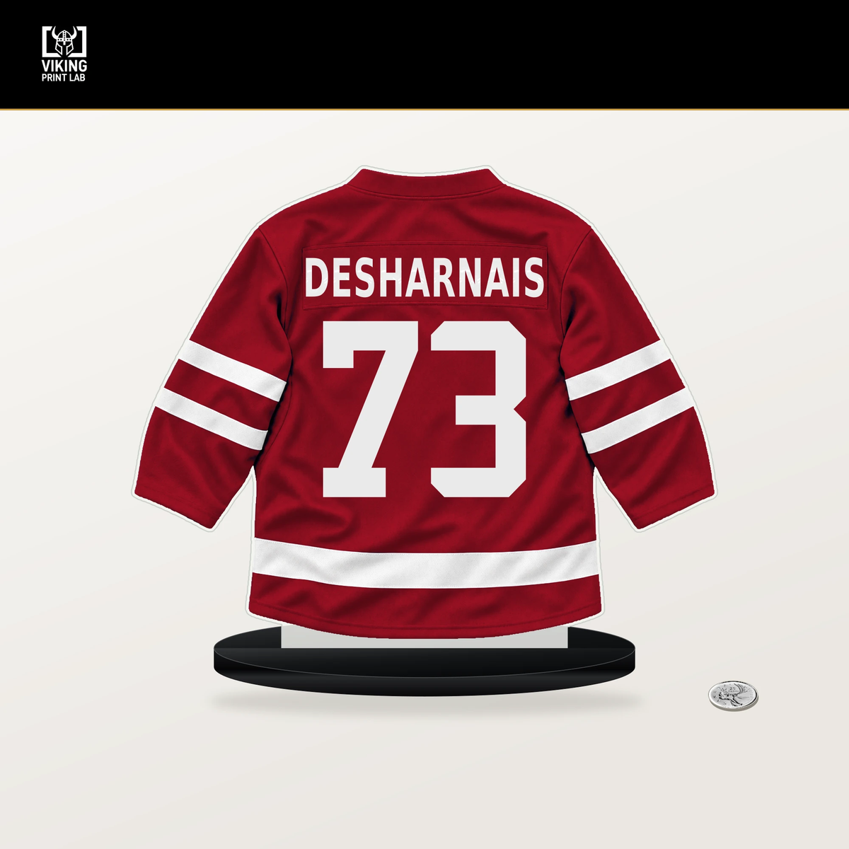 Vincent Desharnais number 73 Washington Capitals jersey stand with included black base.