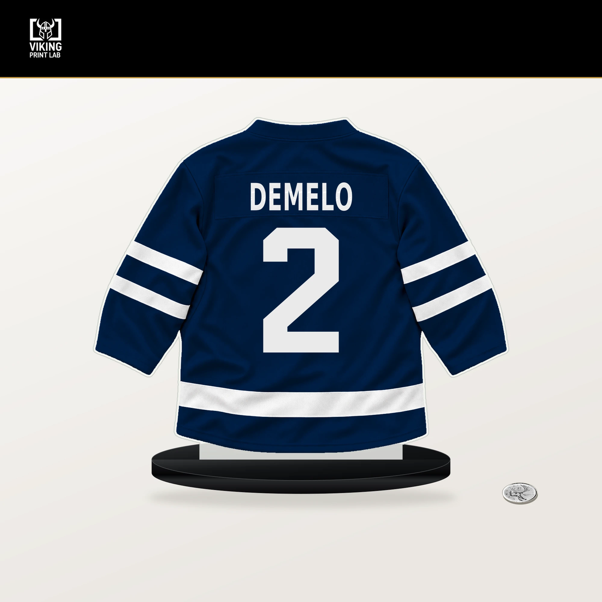 Dylan DeMelo number 2 Winnipeg Jets jersey stand with included black base.