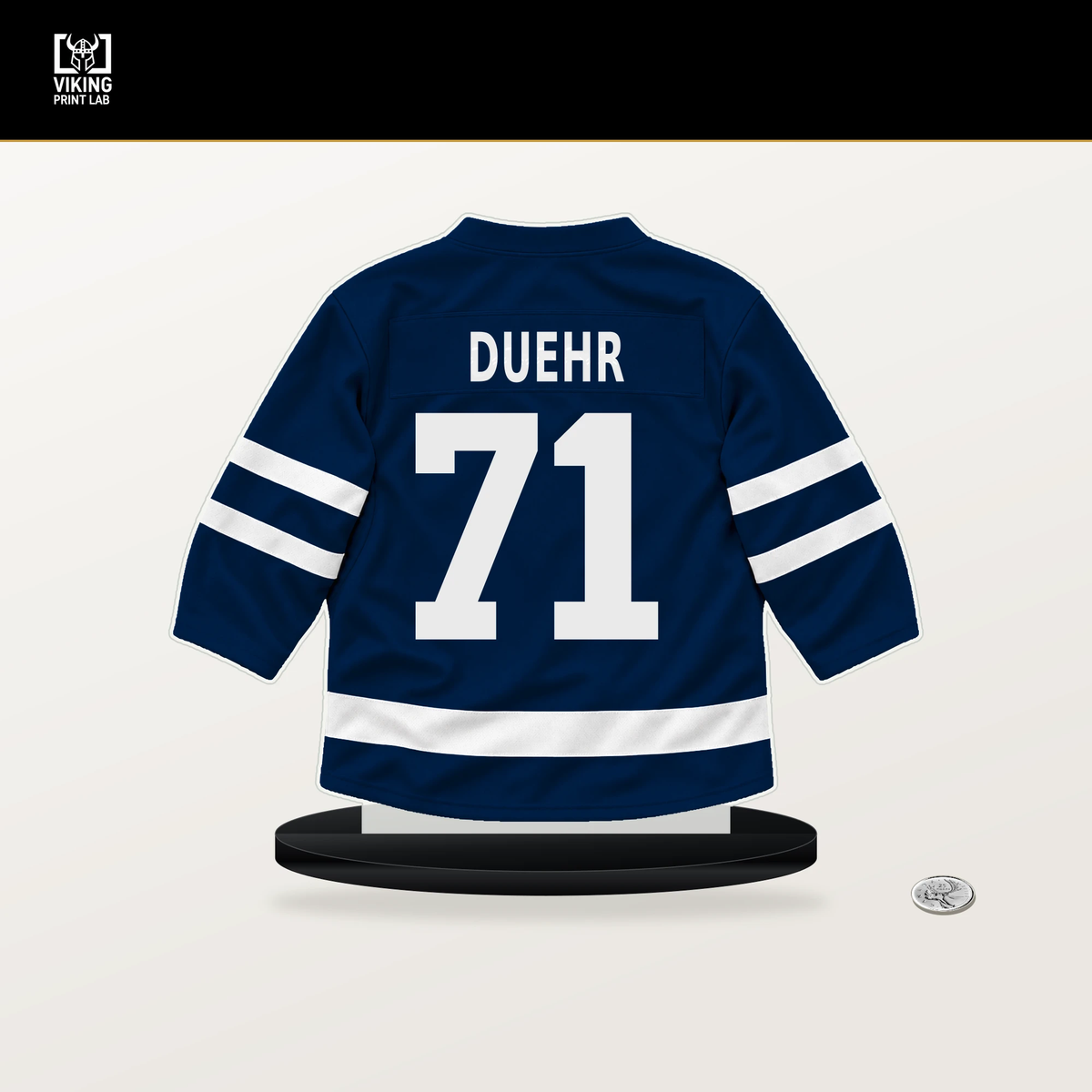 Walker Duehr number 71 Winnipeg Jets jersey stand with included black base.