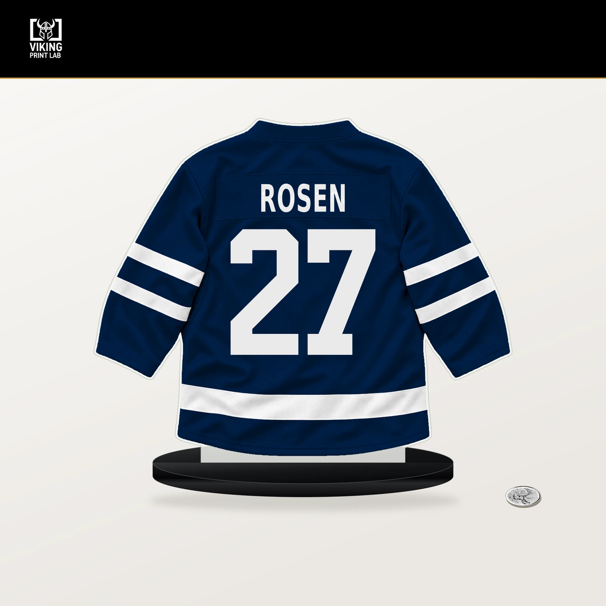 Isak Rosen number 27 Winnipeg Jets jersey stand with included black base.