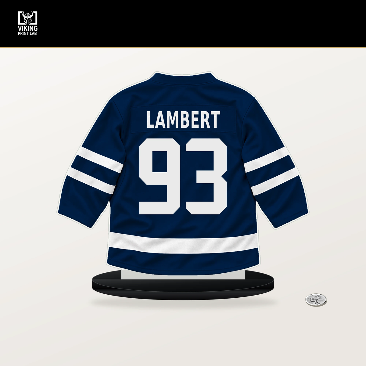 Brad Lambert number 93 Winnipeg Jets jersey stand with included black base.