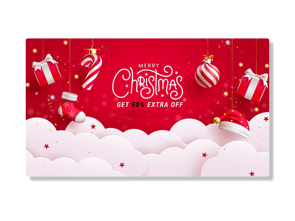 Supplier display-board example with festive sample artwork; final thickness, size, finish and optional grommets confirmed with your quote.
