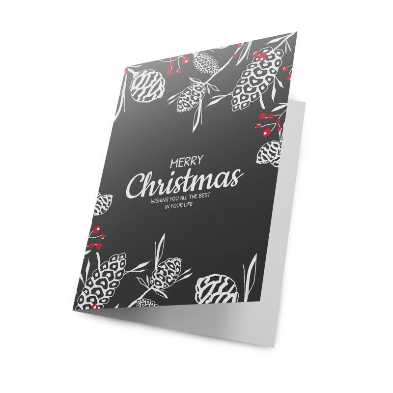 Folded holiday greeting-card example with sample artwork; final stock, size, finish, print sides and optional envelopes confirmed with your quote.