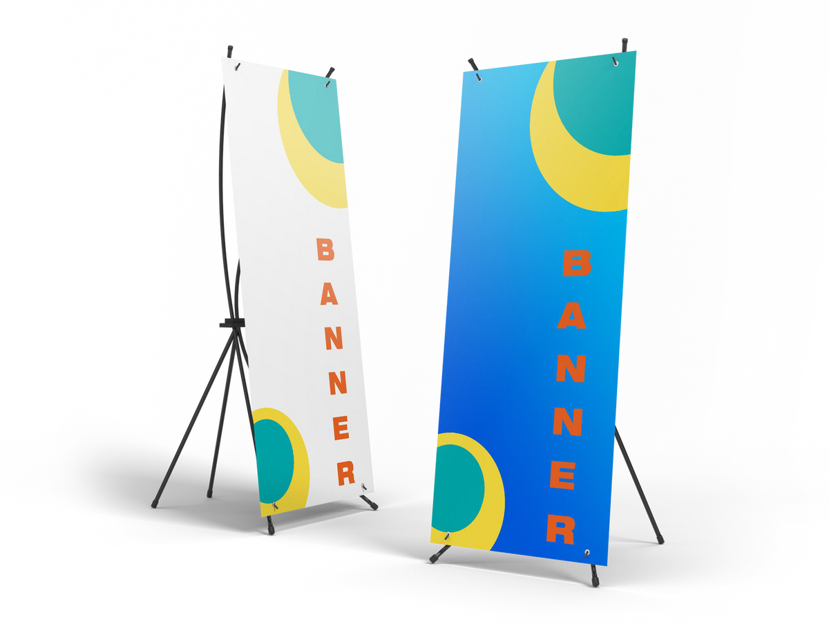 Supplier X-frame banner examples showing printed graphics and support stands. Each package includes one banner; stand and carrying case included only with the kit.