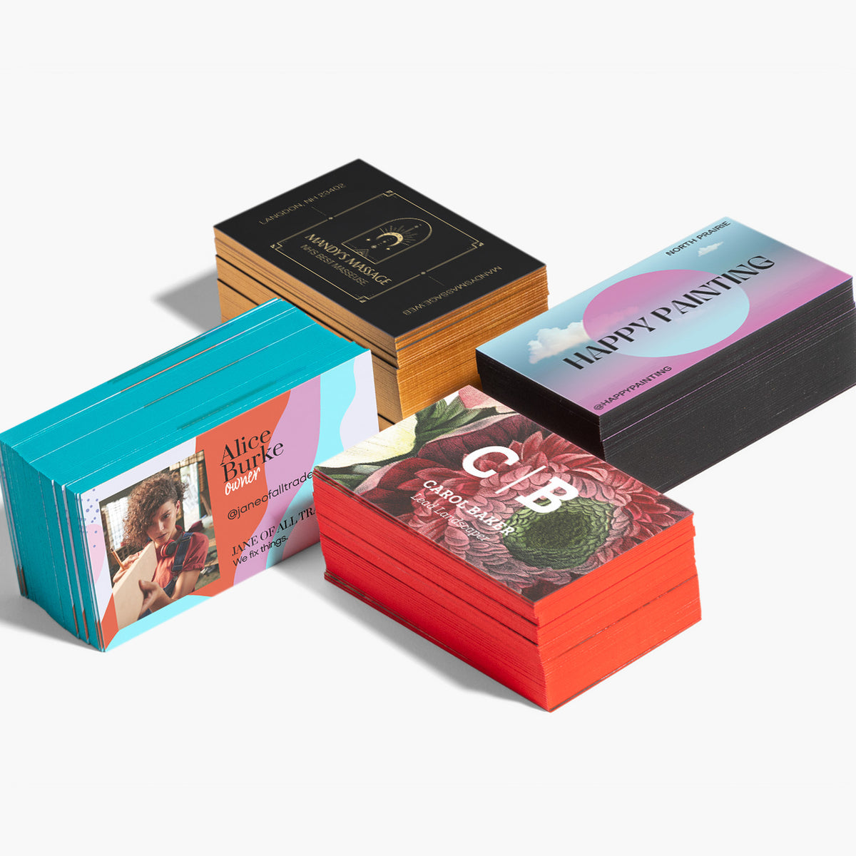 Painted-edge business card examples showing several edge colours and printed designs.