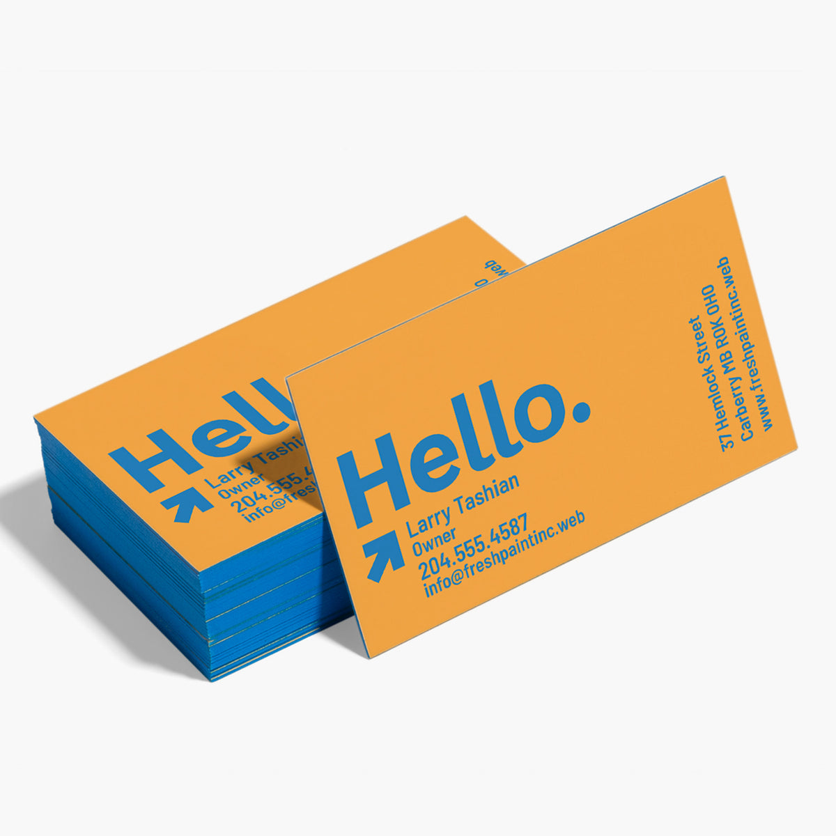 Painted-edge business cards with a blue edge and an example yellow printed design.