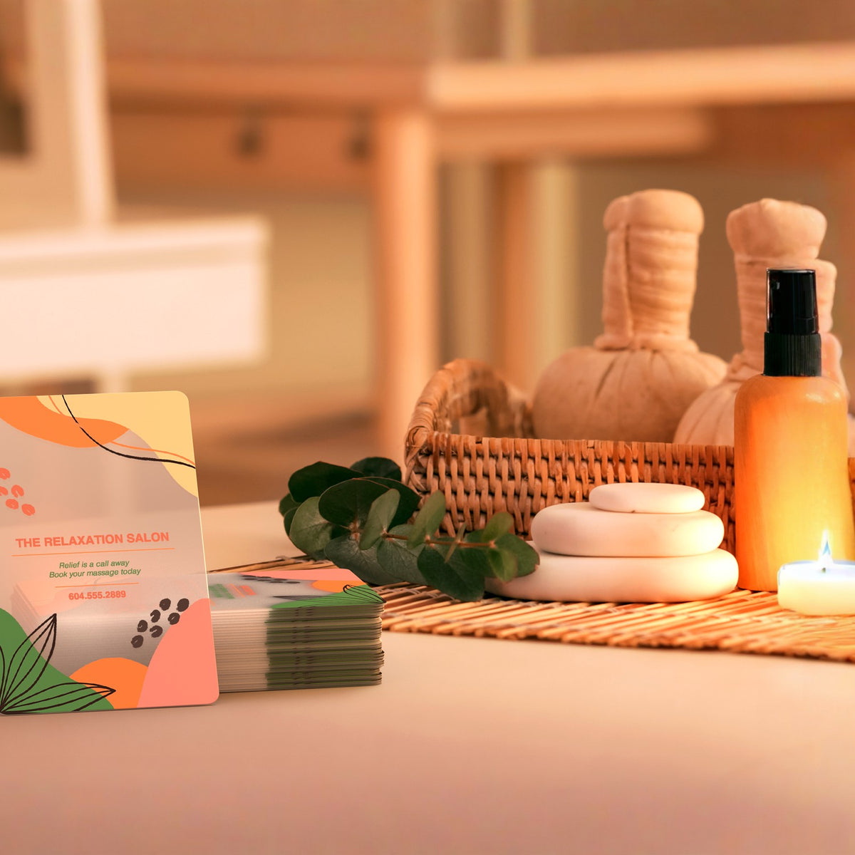 Frosted plastic card examples beside spa accessories, which are not included.