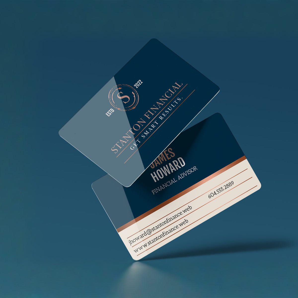 White plastic business card examples showing several printed designs.