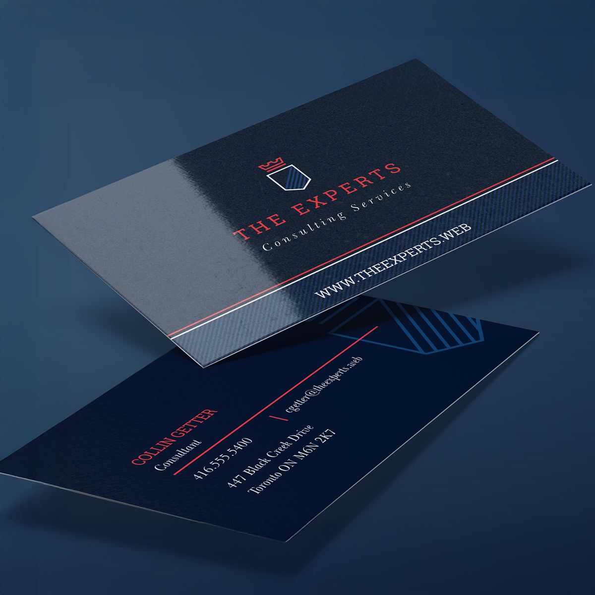 Blue consulting business cards showing a reflective glossy finish; thickness depends on selected option.