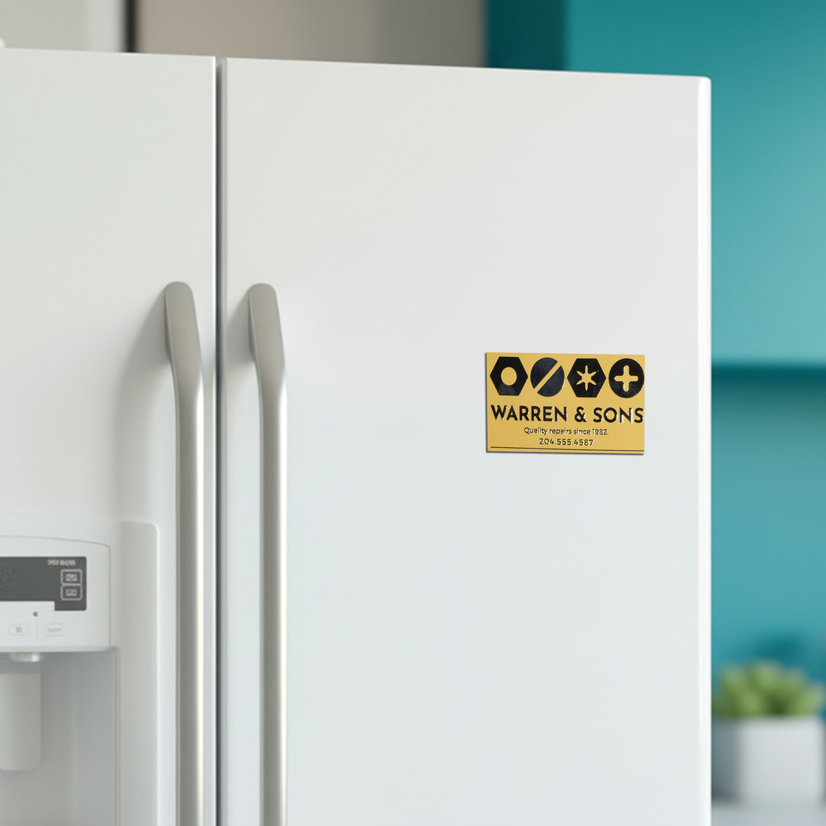 Magnetic business card displayed on a refrigerator