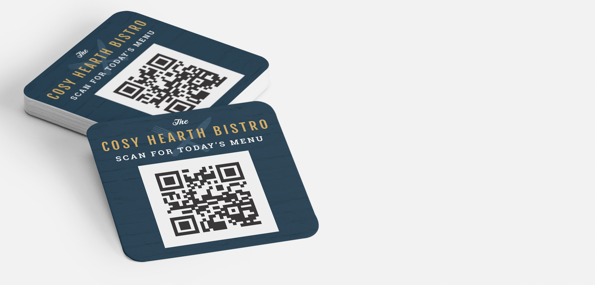Rounded-corner square business cards with a printed QR code