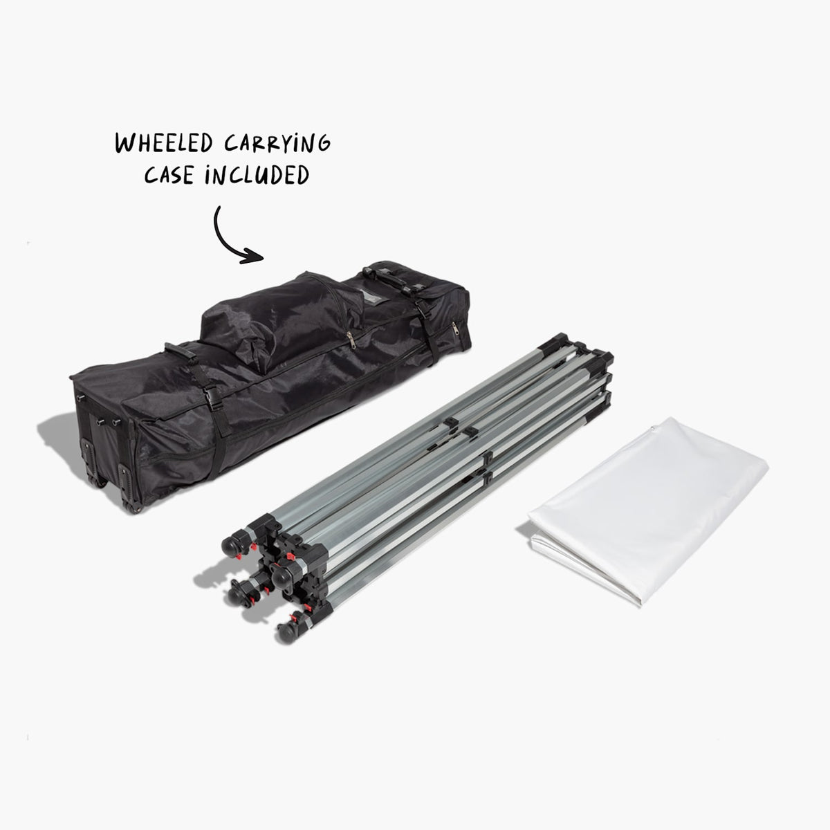 Packed canopy tent kit with frame, printed canopy fabric and wheeled case