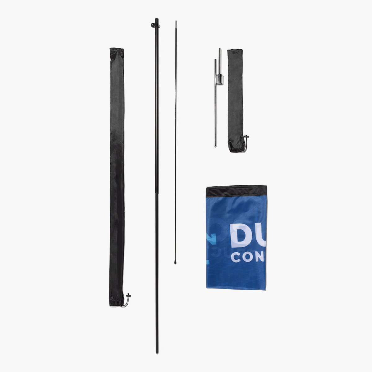 Feather flag kit with printed fabric, pole segments, ground stake and bags