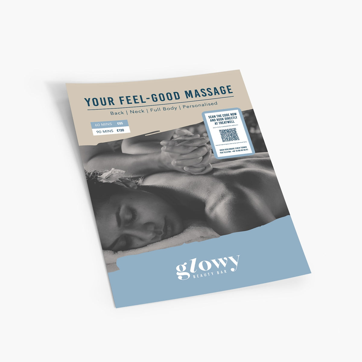 Example flat promotional flyer with a massage service design and QR code.