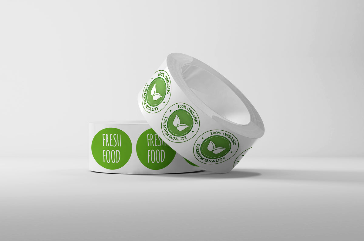 Representative custom roll-label examples; stock and finish are specified separately. Circle-label example.