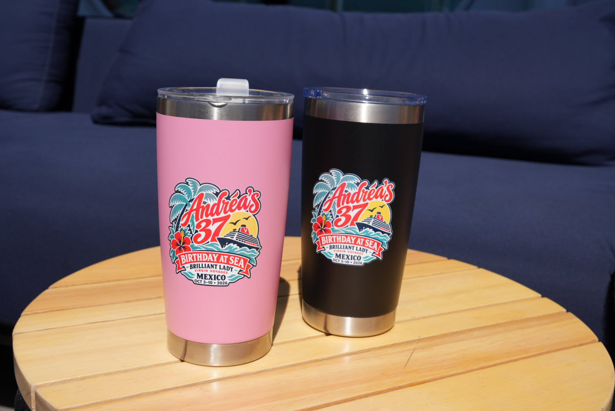 Actual finished personalized birthday tumblers in pink and black — previous customer order