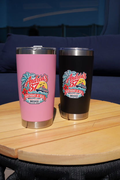 Full-colour Birthday at Sea artwork printed on stainless steel tumblers — actual finished work